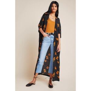 Anthropologie Bel Kazan Sadie Duster Kimono Open-Front Floral Black/Brown OS
